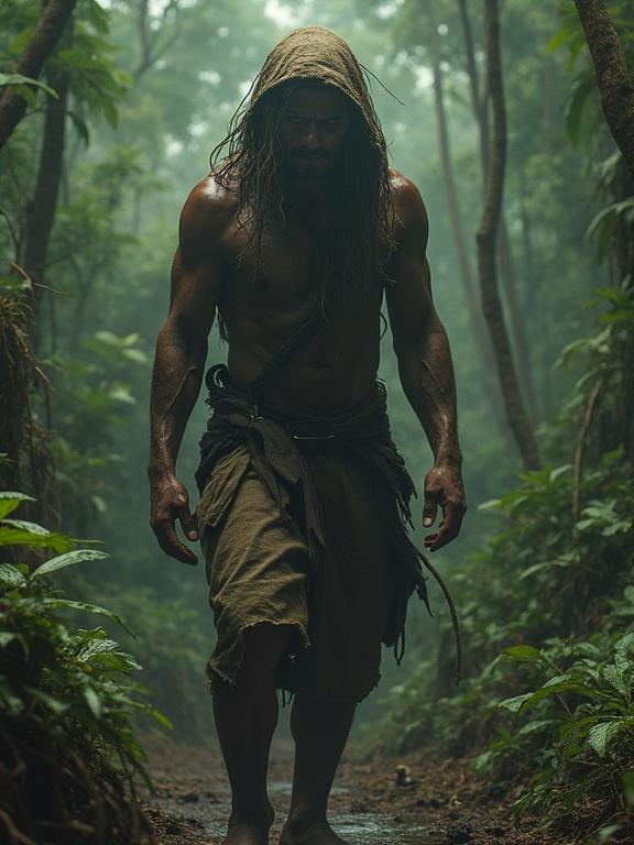 Photorealistic depiction of a muscular man walking through the Amazon rainforest. He wears a hood and has long hair. The environment is dense with greenery. The atmosphere looks mysterious and hostile, reflecting a modern-day adventure.
