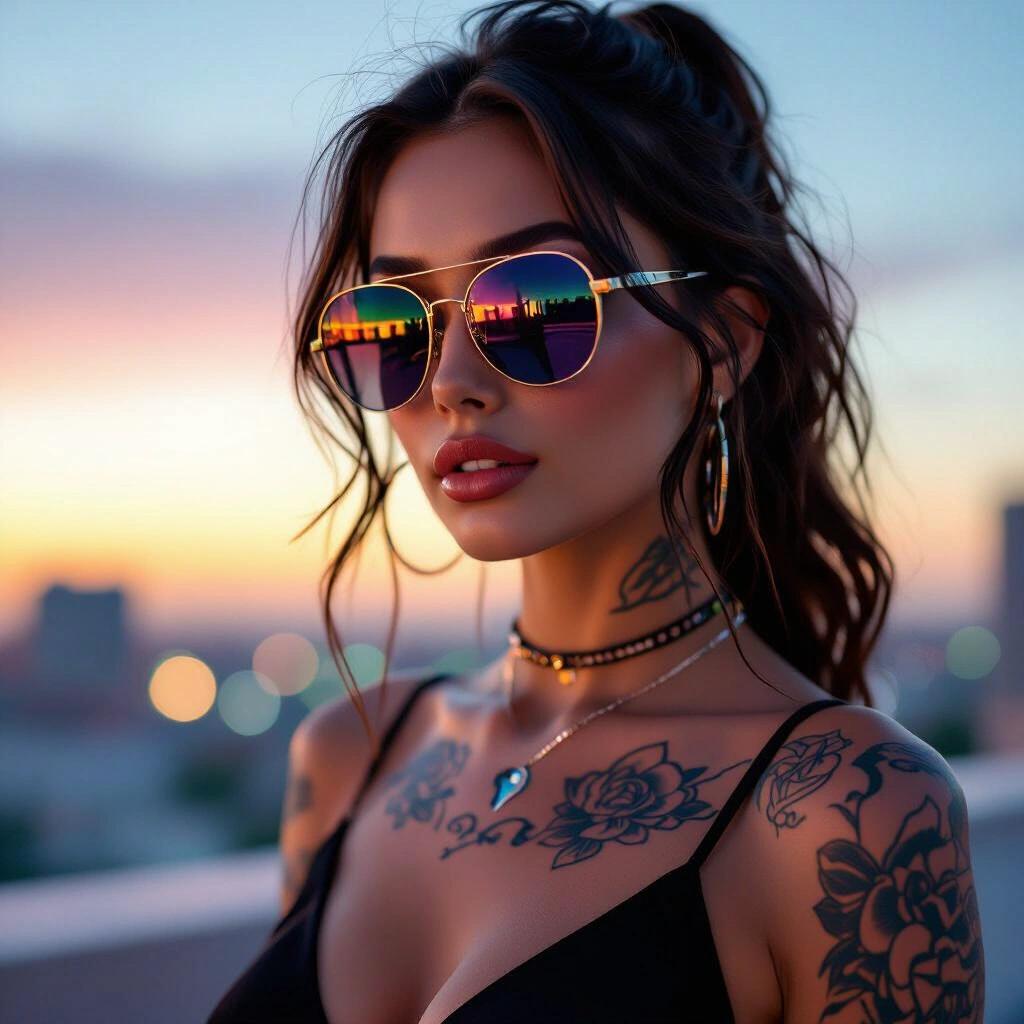 Album cover illustration of a petite classy cyber babe featuring tattoos and sunglasses. Soft colorful lighting creates a glamorous and dreamy atmosphere on a rooftop.