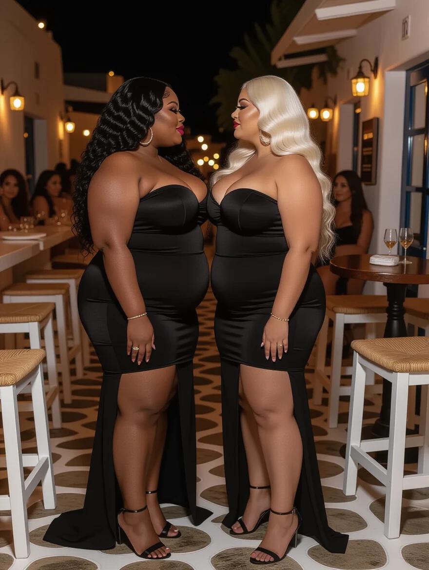 Two women stand face to face. One is black with long curly hair. The other is white with long wavy hair. Both wear black strapless dresses. The setting is a bar in Mykonos at night. Soft ambient lighting enhances the scene. They appear stylish and confident.