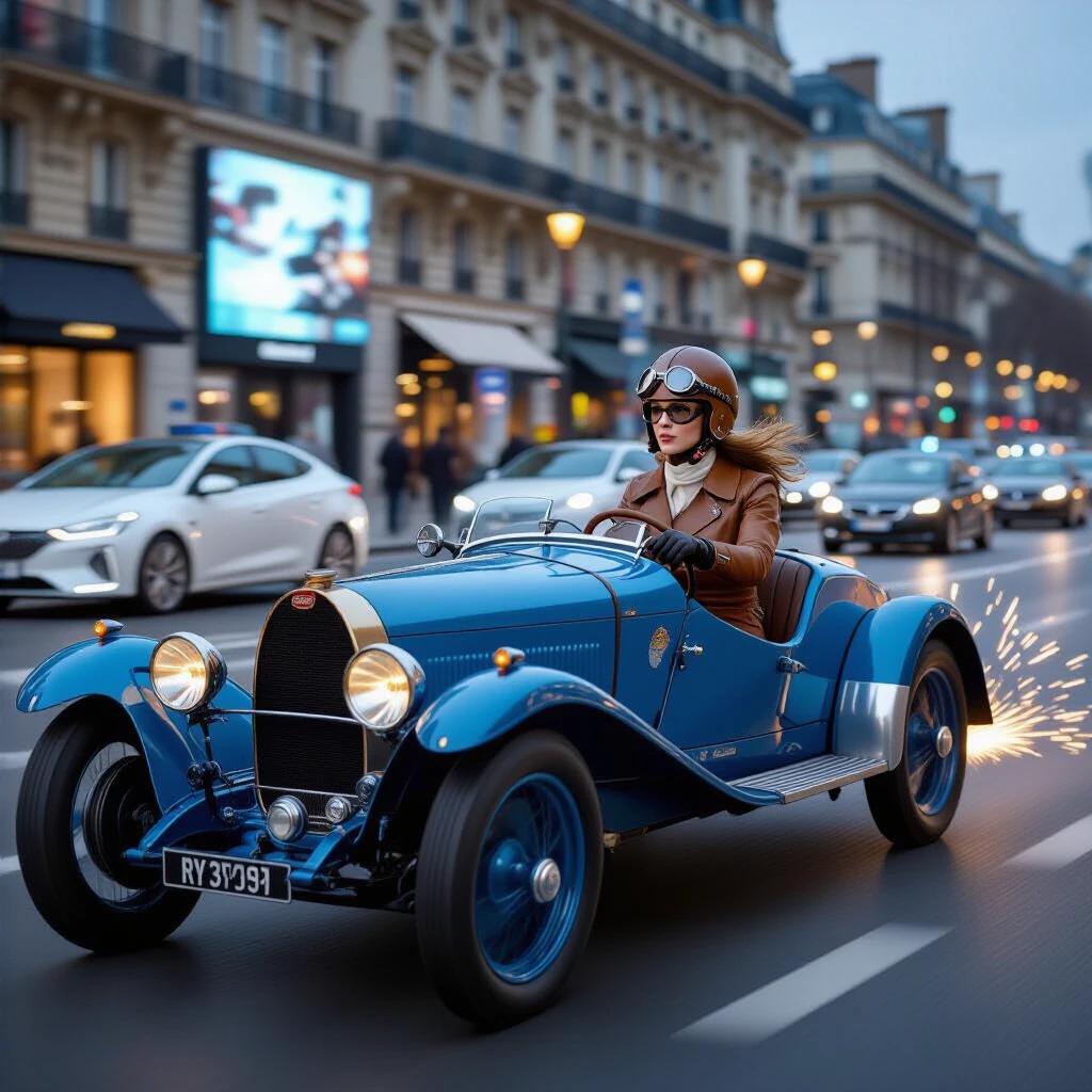 Photorealistic urban motion scene in Paris 2025. Beautiful female driver in 1928 aviator gear commands vibrant blue 1924 Bugatti T35 at speed on Champs-Élysées. Ultra sharp details on driver and Bugatti showcase determined expression and exposed engine piping. Background features self-driving pods and holographic ads on wet asphalt. Foreground shows sparks from cobblestone contact.