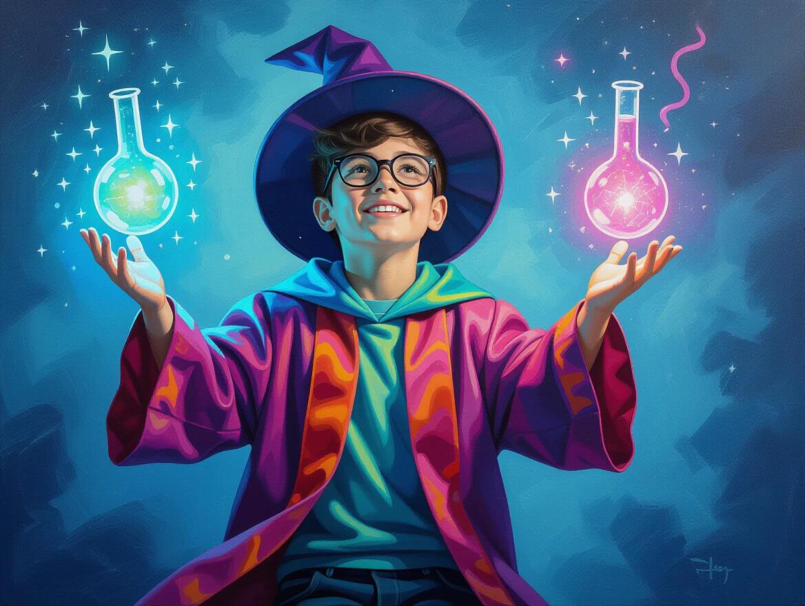 Oil painting of a young scientist in a neon wizard robe. The scientist is floating in mid air. Two glowing flasks are held in each hand. The background is vibrant and magical. The composition follows the rule of thirds.