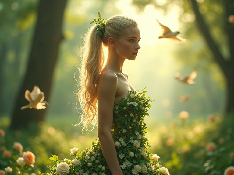 Young blonde woman with pigtails in a floral dress made from white roses. Lush green forest backdrop with sunlight filtering. Hair flows in the breeze with birds flying around. Magical and peaceful atmosphere. Hyper-realistic and cinematic style.