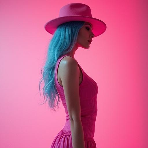 Portrait of a woman in pink outfit and pink hat. Blue hair stands against pink background. Soft lighting enhances glamour. Chiaroscuro style evoked in photography.