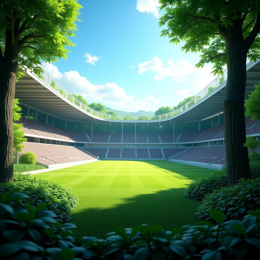 A stadium surrounded by a lush green forest. The arena features a well-maintained grass field under a clear blue sky. Trees frame the structure, creating a blend of nature and sport.