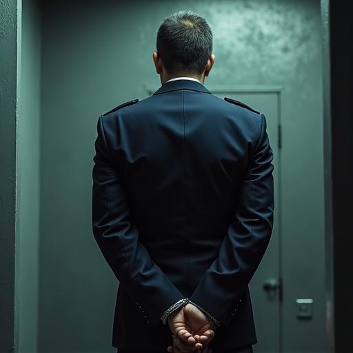A man stands with his back to the camera. He is wearing a police officer uniform. His hands are behind his back with handcuffs. The setting appears to be a prison corridor.
