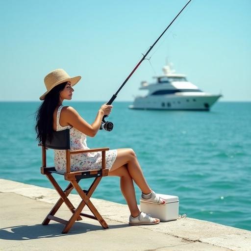Realistic photograph of a woman sitting in a director's chair on a concrete jetty. She holds a fishing rod and looks across the water. Wearing a straw hat and floral dress. A yacht is in the distance. The sky is blue. A cooler box is next to her. The setting is relaxed and summery.