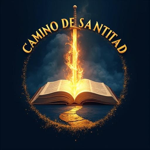 Design a circular logo representing Camino de Santidad church. Include bold gold text for the name. Feature an open Bible with a divine hand and flaming sword. Integrate flames around the sword. Design a stylized path at the bottom. Use deep blue, gold, yellow, and white colors. Create a high contrast and professional appearance.