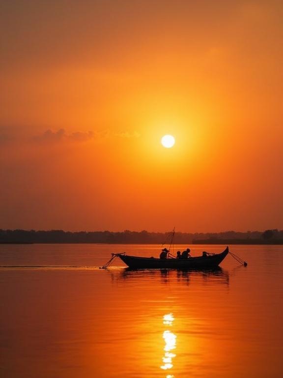 A tranquil sunset over Sundarbans features a fishing boat silhouetted against a vibrant sky. The scene focuses on warm golden and orange hues. Reflections dance on the still water.