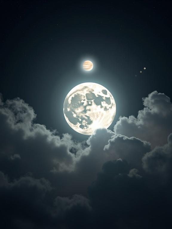 Breathtaking astronomical scene featuring a full moon in the center with Saturn above. The moon has a pale white color with craters, surrounded by clouds. Below the moon is a bright object resembling Jupiter with small dots representing its moons. The sky is deep black with faint stars scattered. The composition implies a majestic cosmic event.