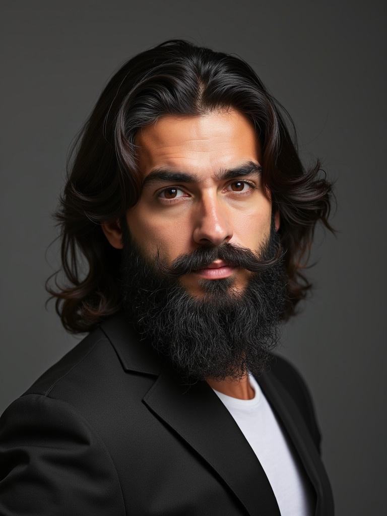 Portrait of a Turkish man with long hair. He has a beard. He is wearing a black blazer over a white shirt. Background is gray with soft lighting.