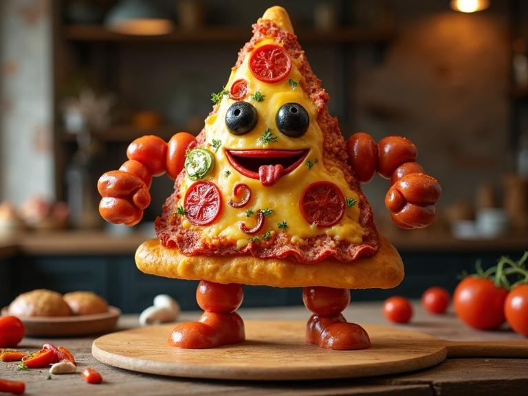 Whimsical humanoid triangle character made from pizza toppings. Crust torso with melted cheese joints. Pepperoni arms with bell pepper fingers. Black olive eyes and tomato slice mouth with chili tongue. Decorated with mushrooms onions and sausage like armor. Posed heroically on pizza peel over rustic counter. Scattered ingredients around. Warm lighting. Playful detailed style.