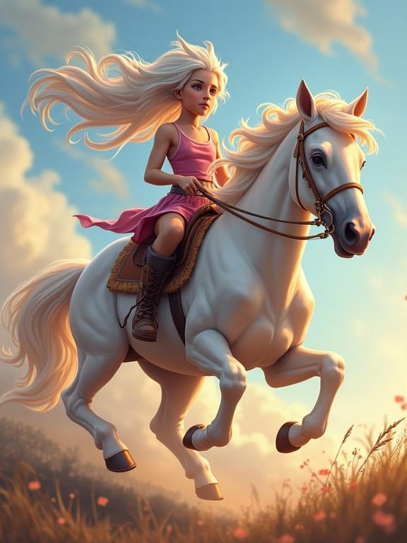 A girl rides a white horse in a vibrant landscape. The girl has long flowing hair. She wears a pink dress and brown boots. The scene is filled with flowers and soft sunlight. A whimsical, dreamy atmosphere surrounds them.
