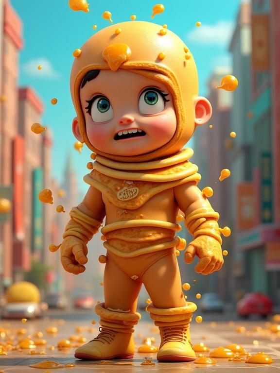 A cartoon superhero named Web-Boy is overwhelmed in a pancake costume. Golden living pancakes squish and wriggle, wrapping around his body. One pancake crawls over his face, covering his eyes. The character looks panicked. Background has a colorful warped cityscape with syrup droplets. The style is exaggerated, surreal, and energetic with gooey textures.