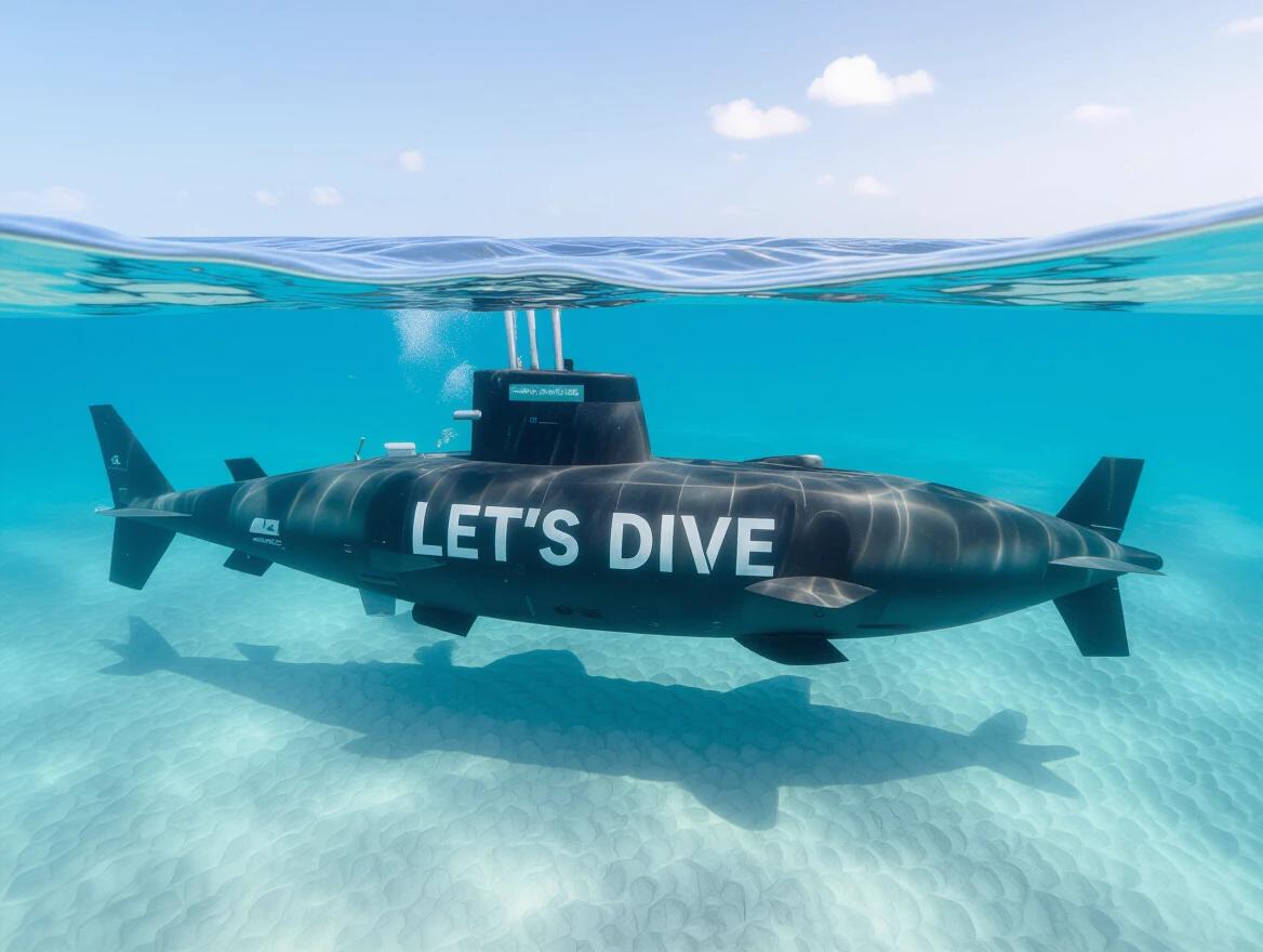 Submarine floats in clear water. Text on the submarine says 'Let's dive'. Bright sunlight illuminates the scene. Clear visibility under the sea.