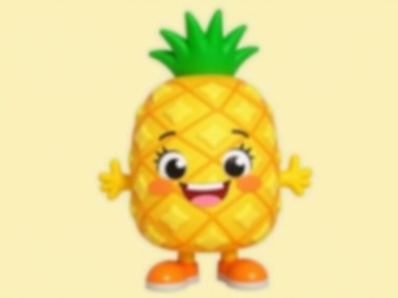 This image features a cartoon character designed to look like a pineapple. The character has a cheerful expression with big eyes and a wide smile. It is standing upright, with arms and legs, and is wearing orange shoes. The pineapple's texture is detailed, showing a pattern that mimics real pineapple skin, while its green leaves are vibrant and stylized. The background is a soft beige, enhancing the playful and friendly vibe of the character.