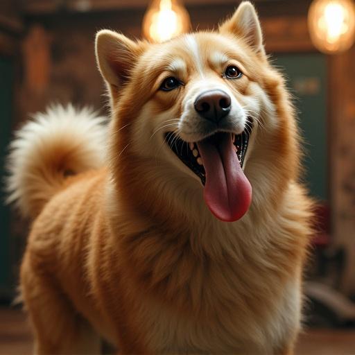 A cheerful dog stands with its tongue out. The background is blurred but suggests a cozy setting. The dog's fur is fluffy and golden. Soft warm lighting creates an inviting atmosphere.