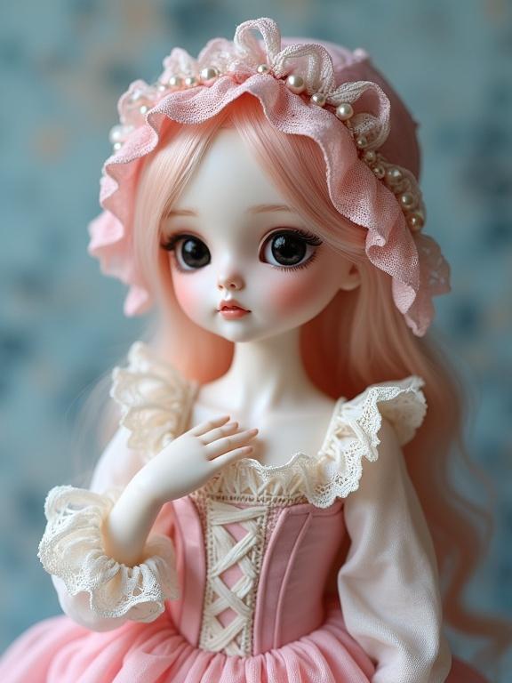 Photo of a doll with a porcelain face and large black eyes. Doll has pale pink hair and wears a pink lace bonnet with white lace trim. Dress features a corset-like bodice and lace details. Doll holds hand to chest. Background is blue and white textured. Scene uses soft lighting and pastel colors. Presents a delicate and feminine style with intricate lace and ribbon details. Doll has gentle expression, rosy cheeks, and flower in hair. Displays high quality with a shallow depth of field focusing on textures.