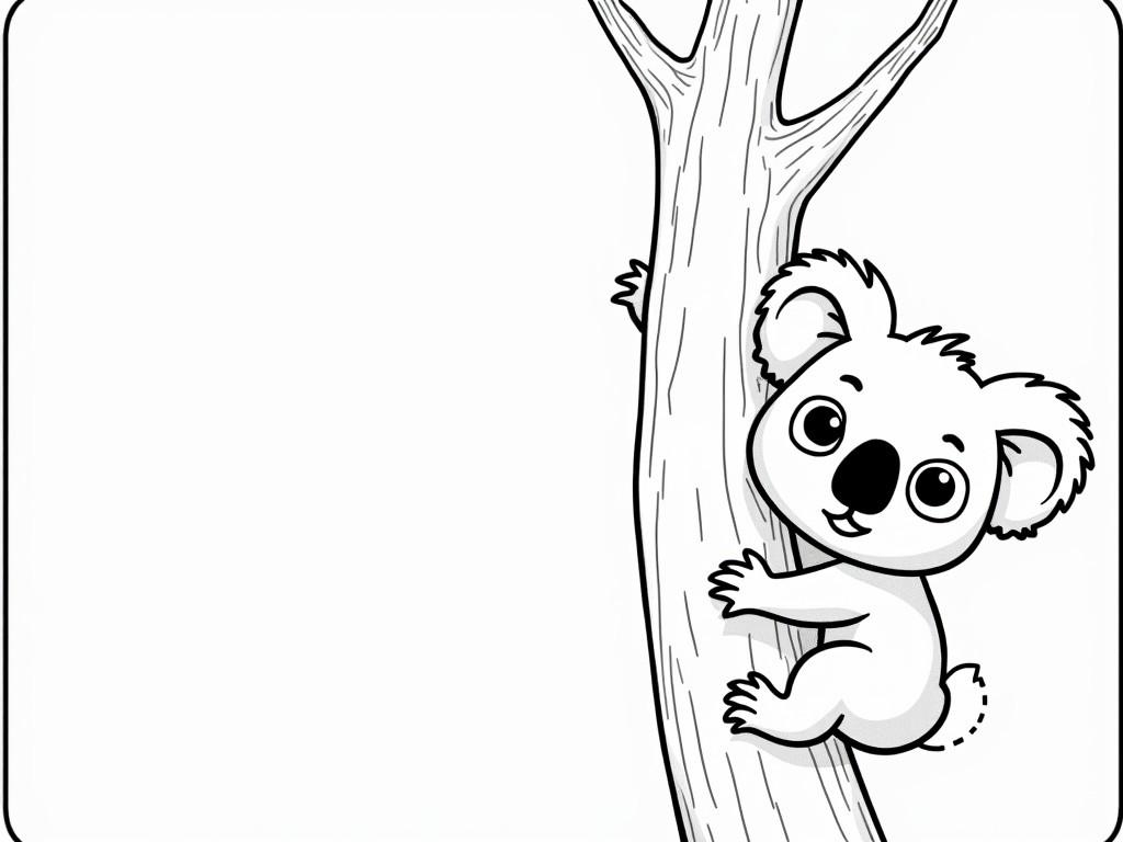 This illustration features a playful koala bear clutching onto a tree trunk. The koala is drawn in a cute, cartoonish style with big, expressive eyes and a small, endearing smile. The background is plain, which enhances the focus on the koala and adds a sense of simplicity and charm to the image.