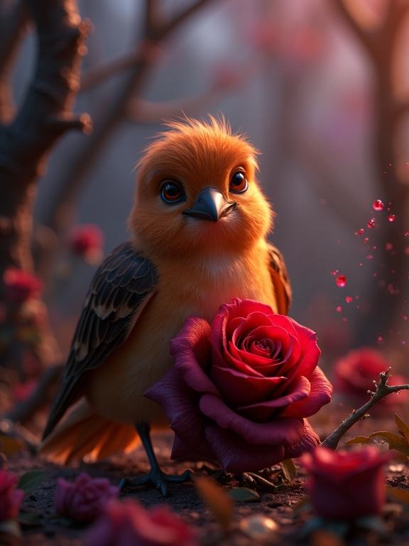 3D scene with a nightingale with copper and gold feathers. Nightingale has expressive eyes and tears. Bird gently holds a red rose with thick petals. Thorn pierces its chest with blood droplets turning into tiny roses. Dramatic lighting with golden and purple hues. Magical dust particles surround. Twilight forest background with twisted trees and bioluminescent flowers. Hyper-detailed textures and warm color palette with dark contrasts. Tilt-shift effect for emotional impact.