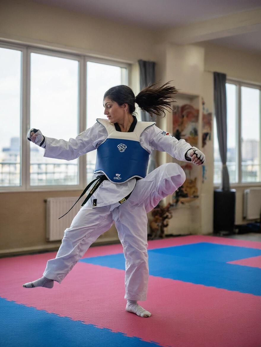 Woman practicing taekwondo in a training session. Focus on kicking technique. Indoor training environment with a colorful mat.
