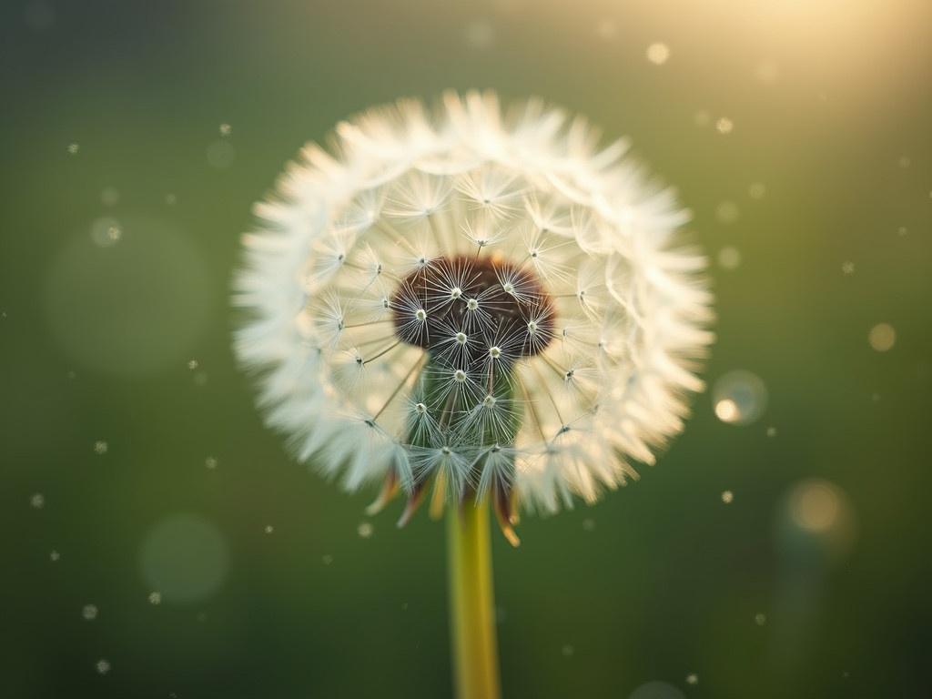 Create a closeup photograph of dandelion flowers, capturing their delicate structure. Focus on the intricate details of the flower, including the tiny seeds and their soft, feathery texture. Incorporate an artistic design element to evoke a conceptual, abstract wallpaper feel. Use a blurred background to enhance the visual appeal and bring attention to the dandelion. Play with light and shadow to create an ethereal atmosphere.