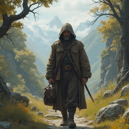 A man walks outside in a fantasy setting. He carries a bag and holds a sword. The landscape features mountains and trees in the background. The scene evokes a sense of adventure and exploration.