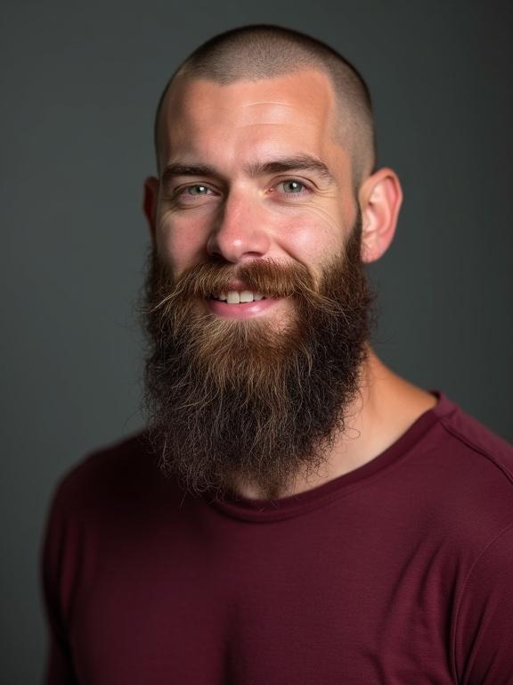 Portrait of a man in his twenties with green eyes and long beard. He has a shaved head, is muscular, and is smiling while wearing a maroon t-shirt.