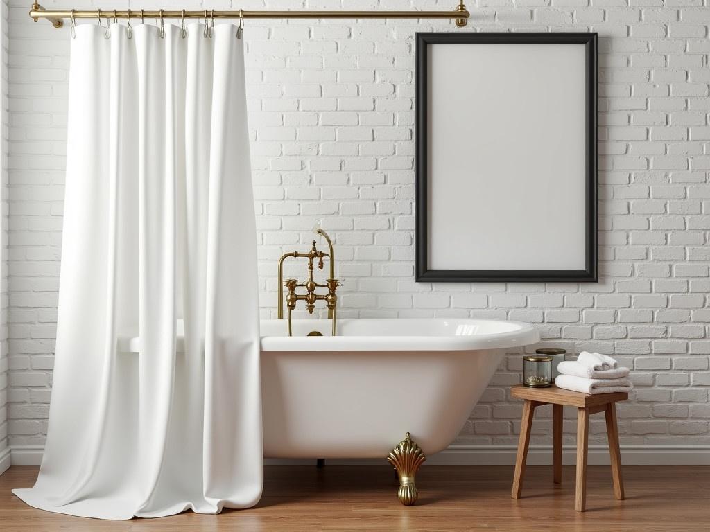 The image showcases a vintage bathroom setup with a freestanding bathtub, complete with ornate golden fixtures. A pure white shower curtain partially covers the bathtub, providing a sense of privacy. Next to the bathtub, there is a small wooden stool that holds two glass containers, likely for bath essentials. A stack of plush white towels is neatly arranged on the floor nearby. The walls are decorated with light-colored bricks, and a large, empty black-framed picture hangs on the wall waiting to be filled. The wooden flooring adds a warm touch to the overall aesthetic of the bathroom.