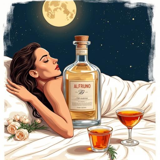Art features a luxurious liqueur bottle labeled 'ALFRUNO'. Moonlight illuminates the scene over white velvet draping. Two cocktail glasses are placed next to the bottle. Roses and rosemary accent the setting. A starry night sky creates a captivating backdrop.