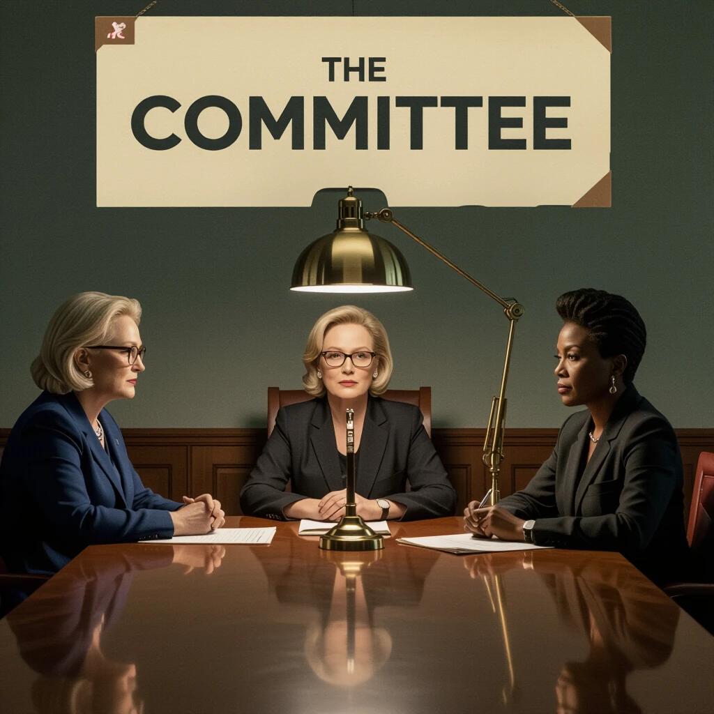 Movie poster featuring title The COMMITTEE on a manila folder background. Three women glare across a long wooden table with a desk lamp casting shadows over their dossiers. Style inspired by political thrillers, muted in grays and olives.