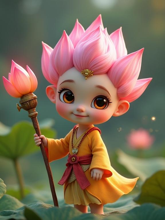 Cute CGI character inspired by a lotus flower. Character holds a magical staff. Adorable design with a captivating expression.