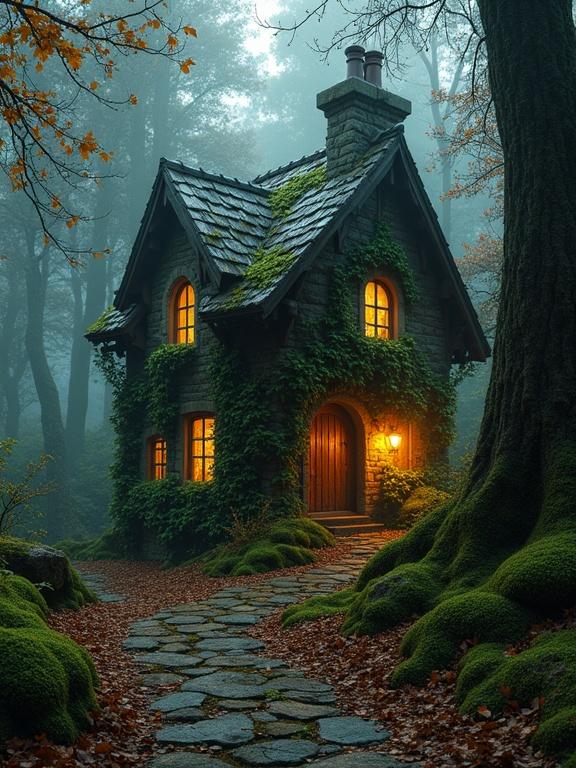 Photorealistic digital artwork of a mossy stone cottage in a magical forest. Cottage illuminated with warm light. Surrounded by tall trees and mist. Overgrown stone path leads to the door. Inviting and enchanting atmosphere.