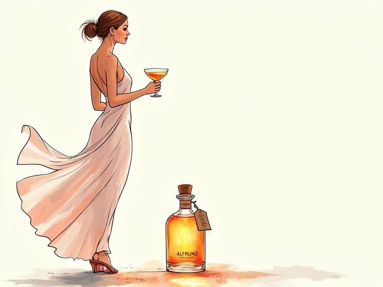 Minimalist line art of a goddess supermodel silhouette. She holds a cocktail glass. The dress flutters in the wind. A large bottle labeled 'ALFRUNO' glows nearby. The art style emphasizes elegance and simplicity.