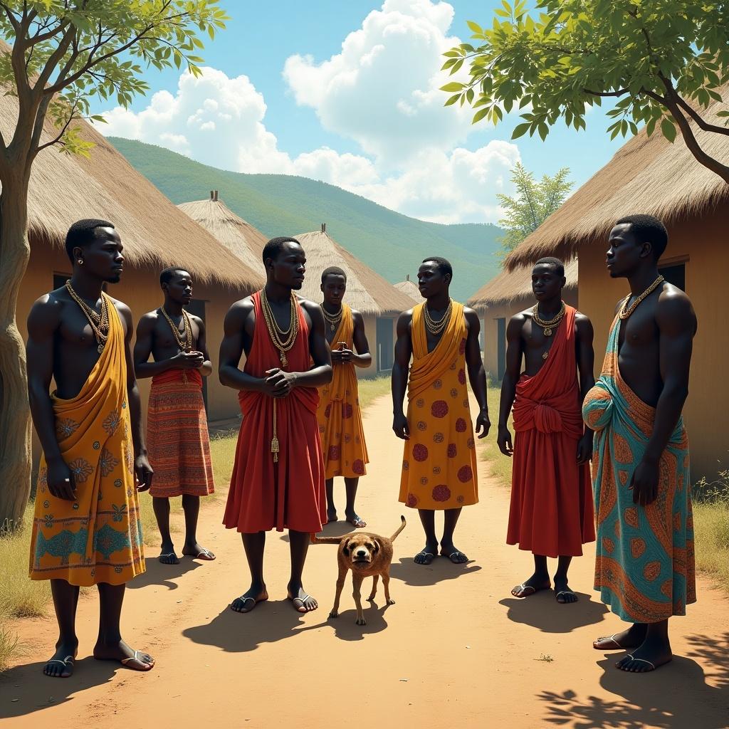 Scene depicting African villagers in traditional clothing standing outside their homes. Bright sunny day with clear blue skies. Group dynamics visible with a pet dog in the foreground. Vibrant colors and communal atmosphere.