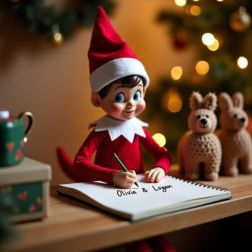 An elf on the shelf is depicted cheerfully writing names in a notebook. The elf is wearing a classic red outfit with white collar and hat. The scene is cozy with a hint of Christmas lights in the background. Two cute crochet animals can be seen beside the elf, adding to the whimsical setting. This image captures the essence of holiday cheer and the tradition of the Elf on the Shelf.