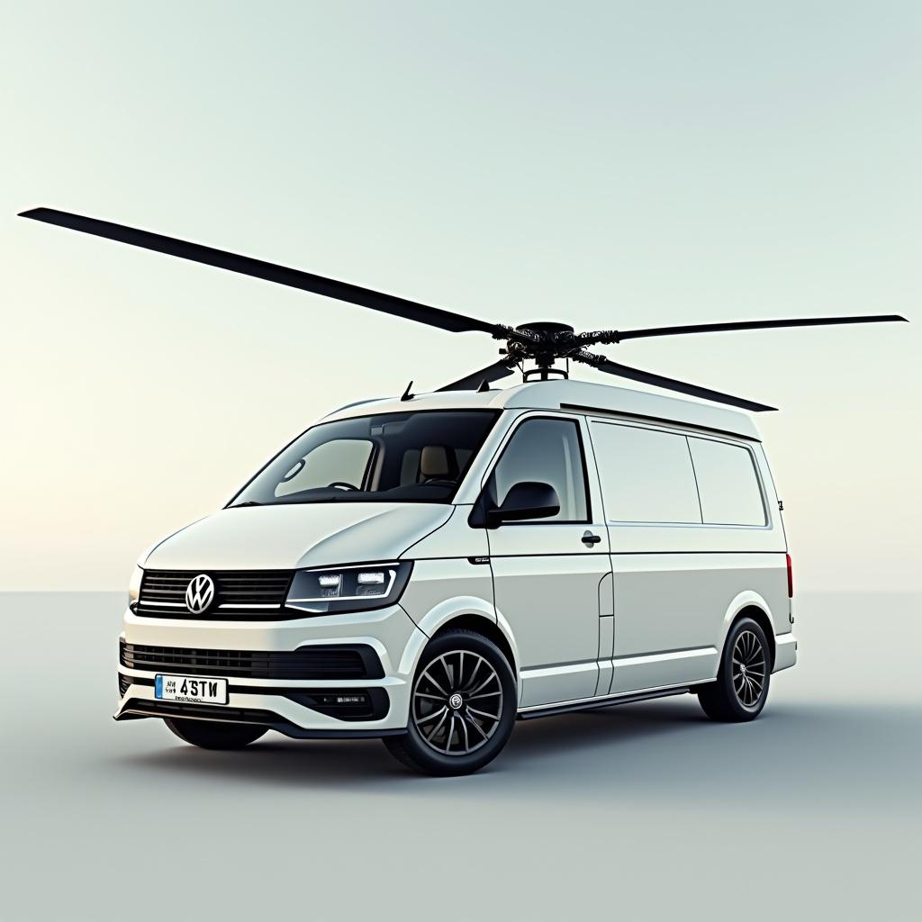 This image showcases a VW Transporter, a popular van known for its versatility and style. The van is primarily white, giving it a clean and modern appearance. A distinctive feature is the helicopter blade mounted on the roof, which adds an element of innovation and uniqueness to the vehicle. The setting is minimalistic, focusing on the van's design without distractions. The image is presented in a perspective that highlights its sleek lines and contemporary design elements, making it appealing to automotive enthusiasts and innovative vehicle fans.