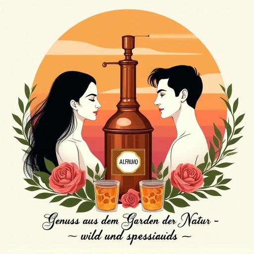 Stylized illustration with symmetrical layout centered on a copper distillation apparatus. Flanking the apparatus are two elegantly drawn figures, a woman with long black hair and a man with short wavy hair, both in profile. Below is an apothecary-style bottle labeled 'ALFRUNO' and two cocktail glasses with amber liquid. The background shows a warm sunset gradient encircled by floral elements, including roses and green foliage. The text below reads 'Genuss aus dem Garten der Natur - wild und besonders.'