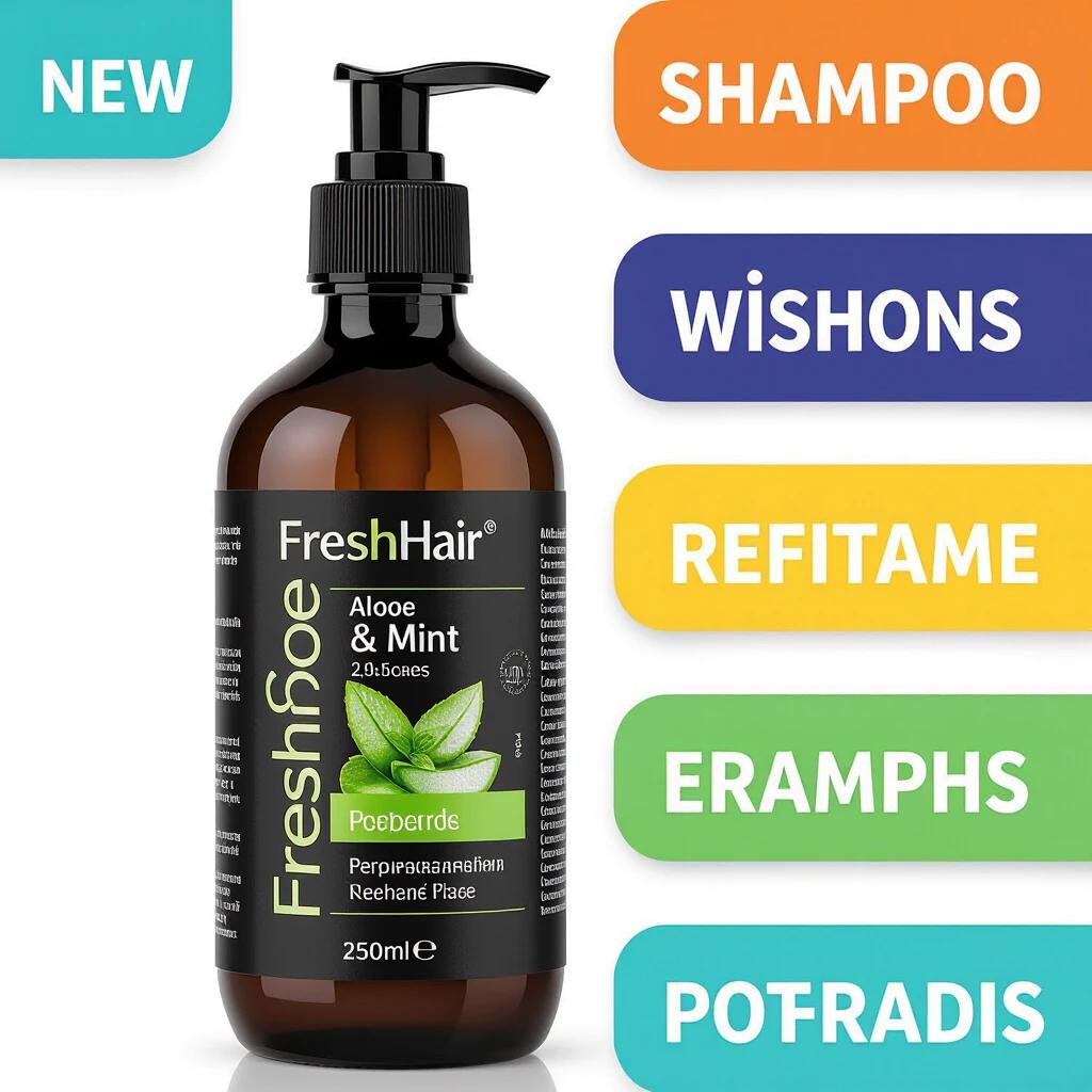 A shampoo bottle labeled FreshHair Pro Aloe & Mint 250ml. White background with colorful rectangles around each word. Colorful rectangles have different colors.
