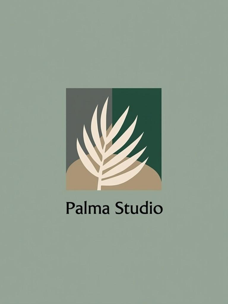 Minimalist logo design inspired by Iranian architecture. Design features palm leaves with abstract geometric shapes. Color palette includes graphite gray ivory white emerald green and beige. The logo is simple balanced and refined. Text Palma Studio is integrated in a modern style.