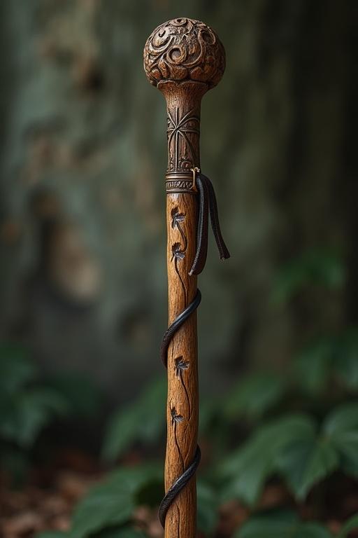 A beautifully carved oak staff with iron tip and leather straps. Stands nearly 8 feet tall. Intricate designs of trees branches and leaves. Green foliage surrounds the staff. Natural setting adds to the mystique.