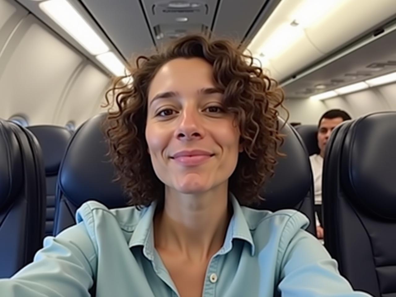 The image features a person sitting on an airplane. They appear to be taking a selfie, capturing their upper body and face. The individual has curly hair and is wearing a light blue shirt. The airplane cabin can be seen in the background, with seats and overhead lights. There is another passenger visible in the background, though their face is not clearly shown. The atmosphere suggests a comfortable, casual moment during a flight.