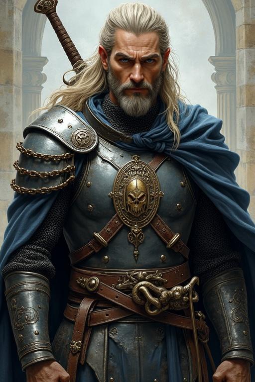 A fantasy hero wearing chain mail and armor. Sword rests on shoulder with throwing knives on a wide belt. An amulet with the symbol of Perun on the chest. Open, bearded face with blue eyes. Expression is wary yet calm. Art style reflects Luis Royo's aesthetics.
