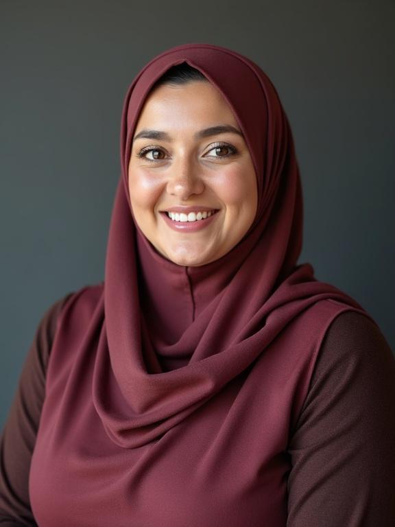 Plump mature woman wearing a burgundy hijab smiling confidently. Background is neutral to highlight the woman's features.