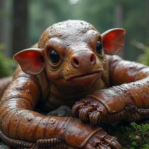A creature with a rounded head and large eyes. Smooth brown skin with hints of orange. Unique expression. Surrounded by natural elements in a forest setting.