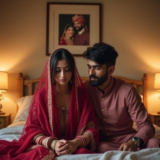 A wealthy Pakistani couple in a luxurious bedroom. The wife appears sad sitting on the bed. She wears a simple traditional shalwar kameez and holds a tasbih. The husband is beside her, comforting her. Soft warm lighting enhances the emotional atmosphere. A framed wedding photograph hangs on the wall showing them in joyful poses, dressed in festive attire.