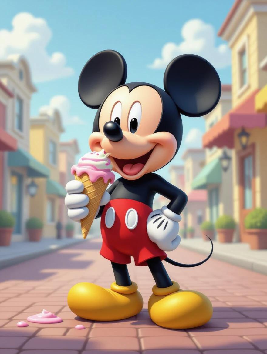 Mickey Mouse enjoys an ice cream cone. Character designed in Pixar animation style. Background shows a colorful street scene with buildings.
