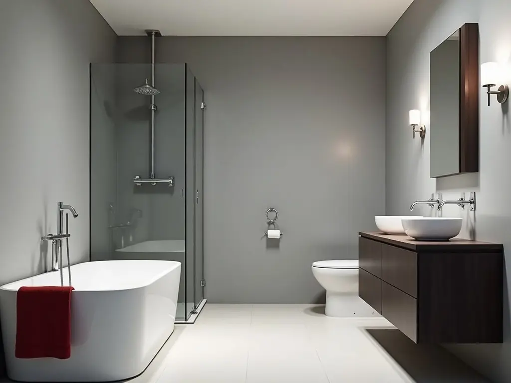 A spacious modern bathroom featuring a sleek grey color scheme. The centerpiece is a stylish white bathtub with a chrome faucet and a red towel draped over it. Adjacent to the bathtub is a glass shower enclosure showcasing modern fixtures. The bathroom is equipped with two elegant basins mounted on a dark wooden vanity, complemented by contemporary mirrors above. A white toilet is placed neatly against the wall, completing the minimalist design of the space.