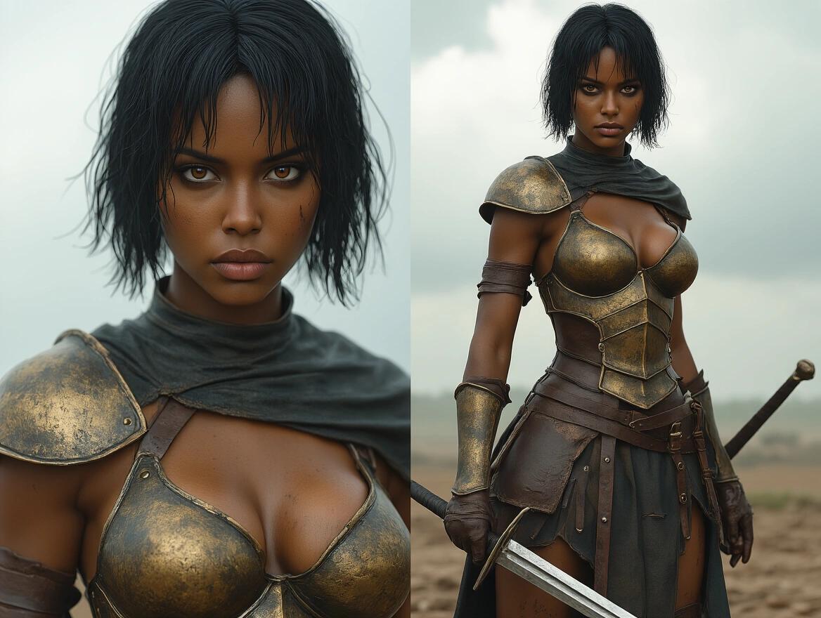 Hyper-realistic portrait of a dark-skinned female warrior inspired by Casca from Berserk. Warrior wears revealing medieval armor made of worn bronze and leather. Armor has feminine curves, open shoulders and midriff. Short tousled black hair, fierce brown eyes, serious expression. Standing in a dramatic battlefield setting under a cloudy sky. Holds a sword, with realistic lighting and battle wear on armor. High detail, ultra-realistic style.