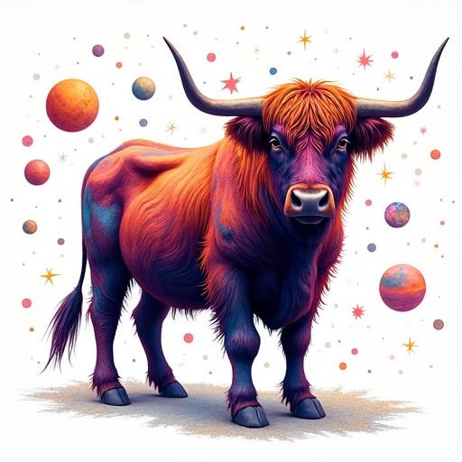 Brightly colored Scottish Highland cattle digitally created. Fur features stars planets and galaxies. Textured brushstrokes in psychedelic style. White background with symmetrical composition. Rich in detail and imaginative design. Themes of surrealism and fantasy present. 3D fantasy surrealism blends natural with cosmic.