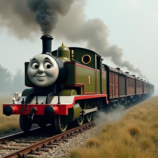 Thomas the Tank Engine pulling a train of cannons and war weapons. Cartoonish depiction of a friendly green steam engine with a cheerful face. Background features a railway track surrounded by grass.